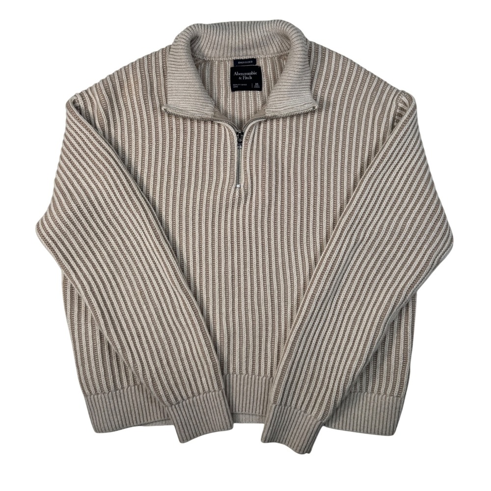 Abercrombie & Fitch Quarter Zip Sweater XS Tan Striped Ribbed Oversized Mens